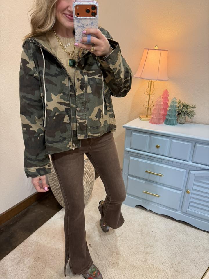Camo Oversized Raglan- Sleeve Jacket with Hoodie