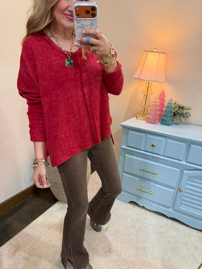 Red Split Side Melange Long Sleeve Pullover