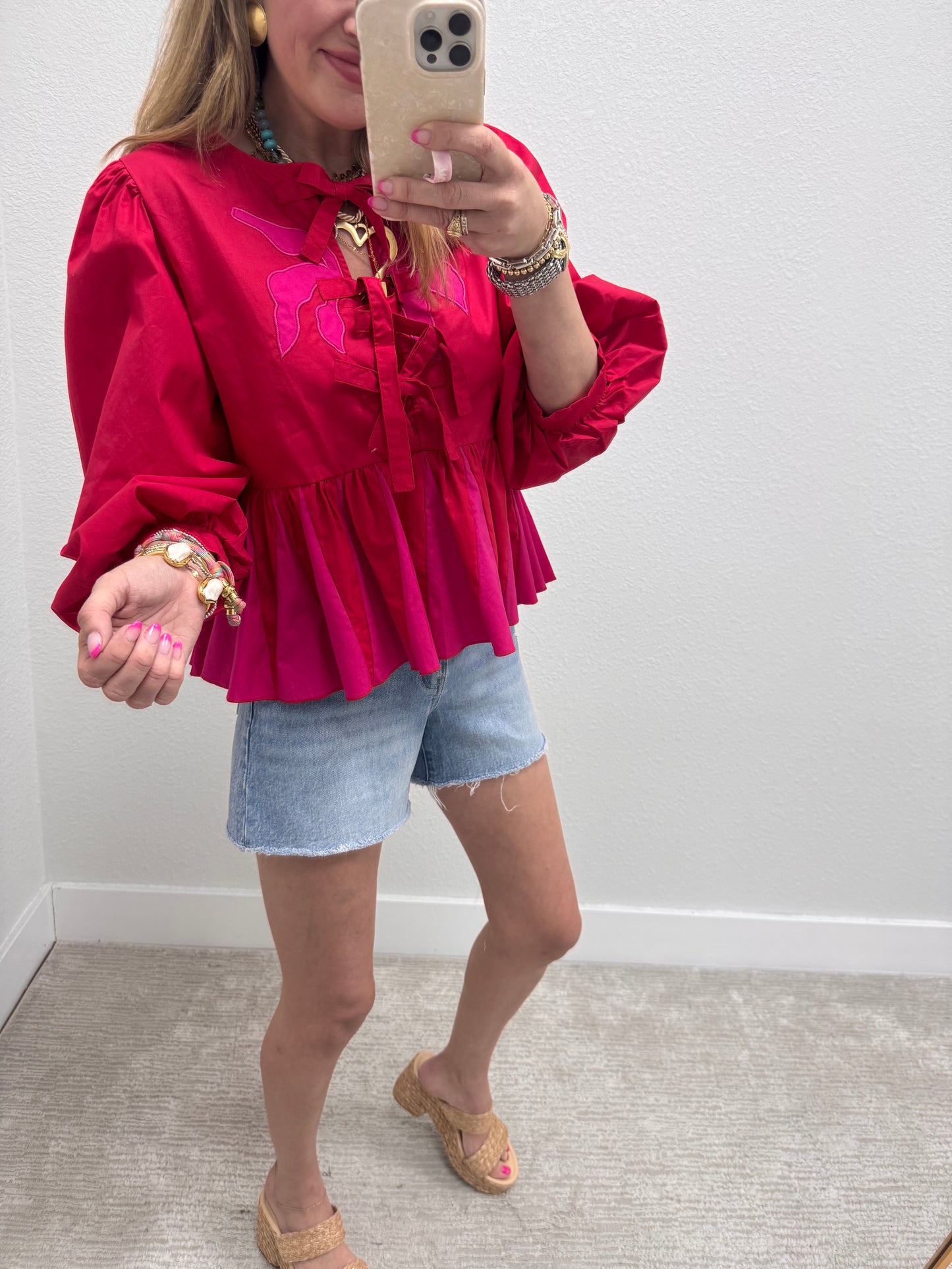 Fuchsia And Red Front Tie Ruffle Top