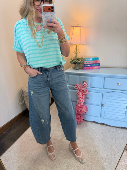 Turquoise Raised Rib Stripe Exposed Hem Top