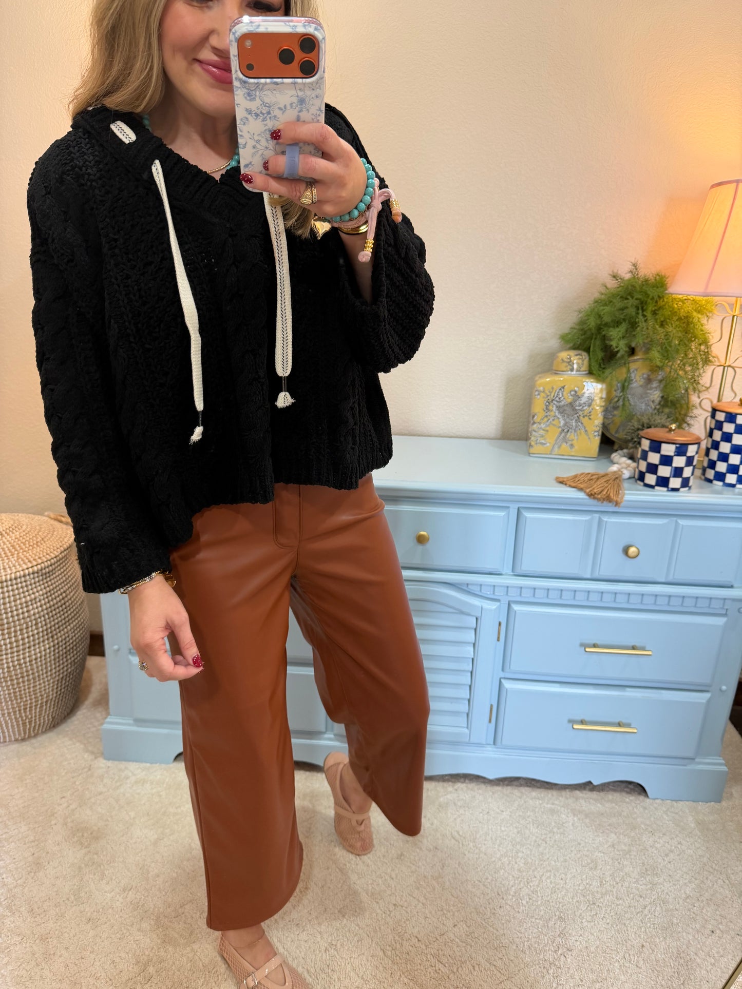 Black Cable Knit Printed Tie Sweater