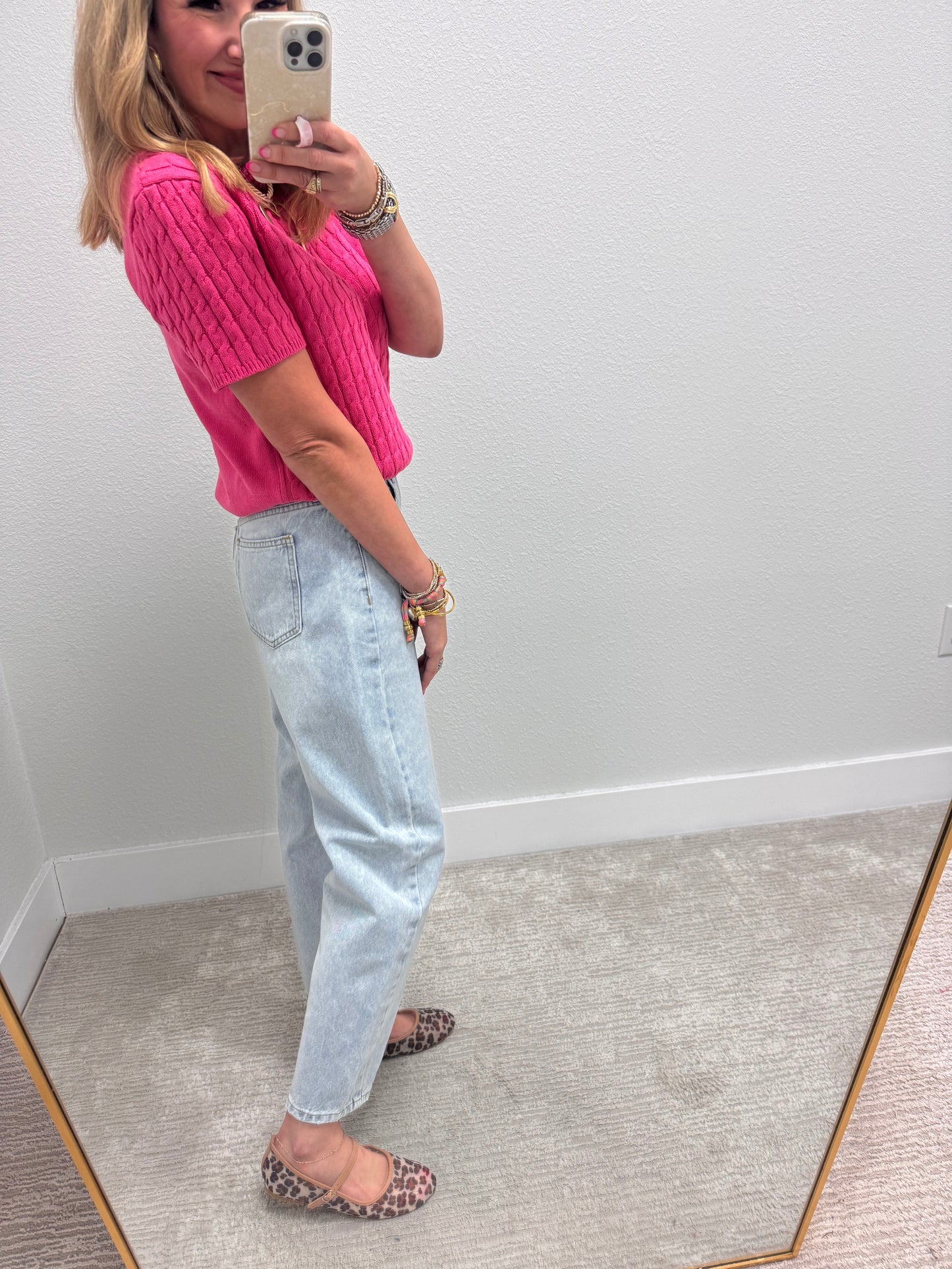 Pink Round Neck Cable Knit Top