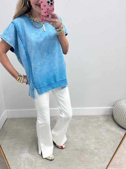 Sky Blue Mineral Washed Exposed Hem Short Sleeve FS