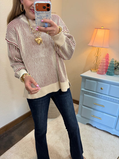 Burgundy Two Tone Crew-Neck Sweater FS