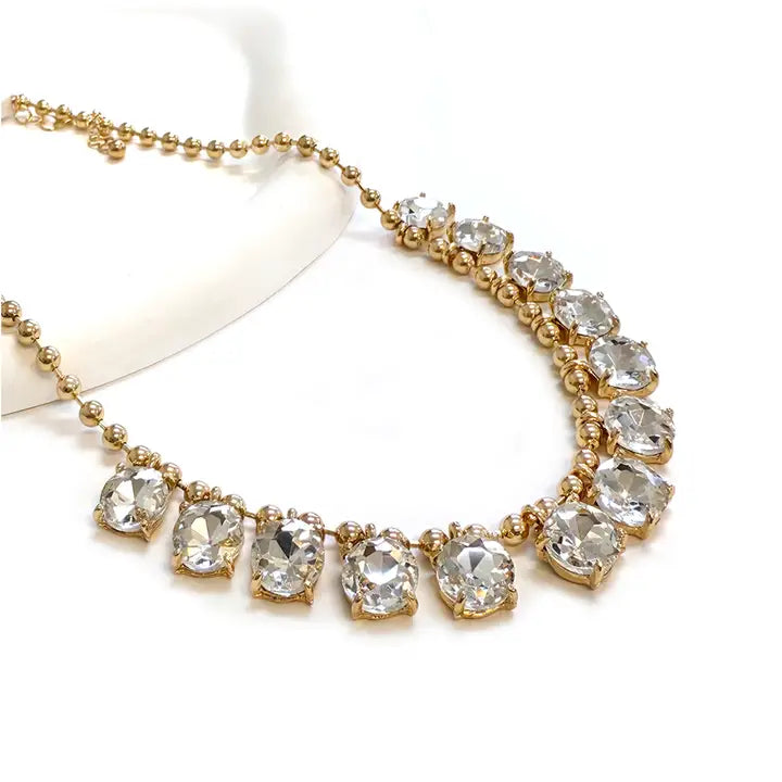 Crystal Glass Bead Dangle Station Ball Beaded Chain Necklace- Clear