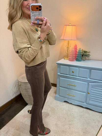 Taupe Braided Long Sleeve Sweater Top FS