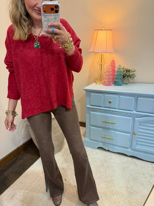 Red Split Side Melange Long Sleeve Pullover