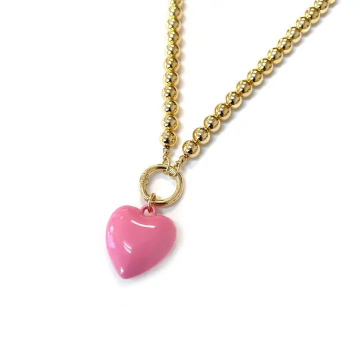 Cute Puffy Heart Pendant with Ccb Ball Beaded Necklace- Pink