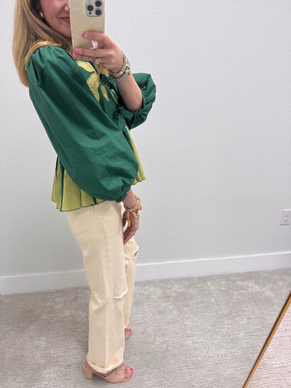 Hunter Green and Avocado Front Tie Ruffle Top