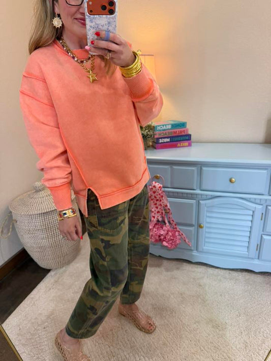 Coral Acid Wash Exposed-seam Fleece Sweatshirt