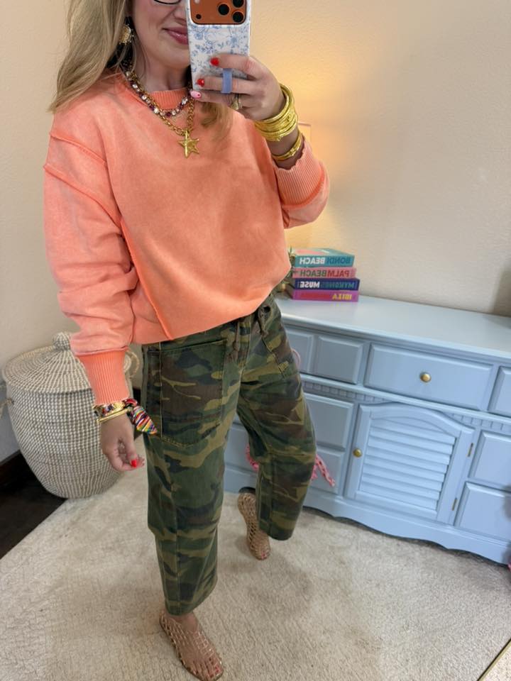 Coral Acid Wash Exposed-seam Fleece Sweatshirt