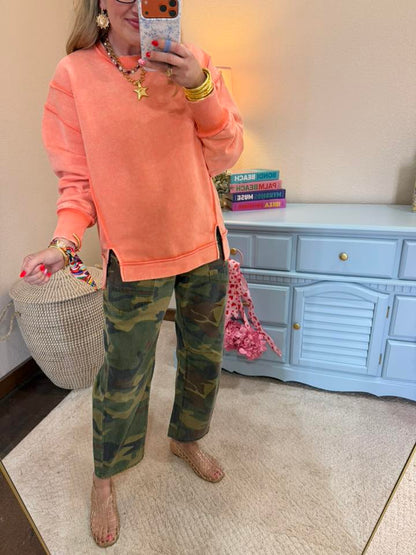 Coral Acid Wash Exposed-seam Fleece Sweatshirt