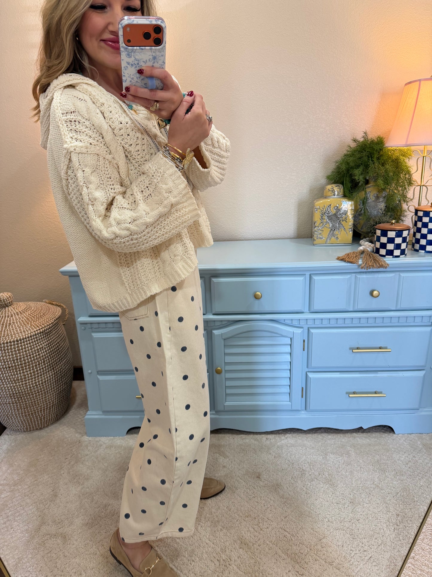 Cream Cable Knit Printed Tie Sweater