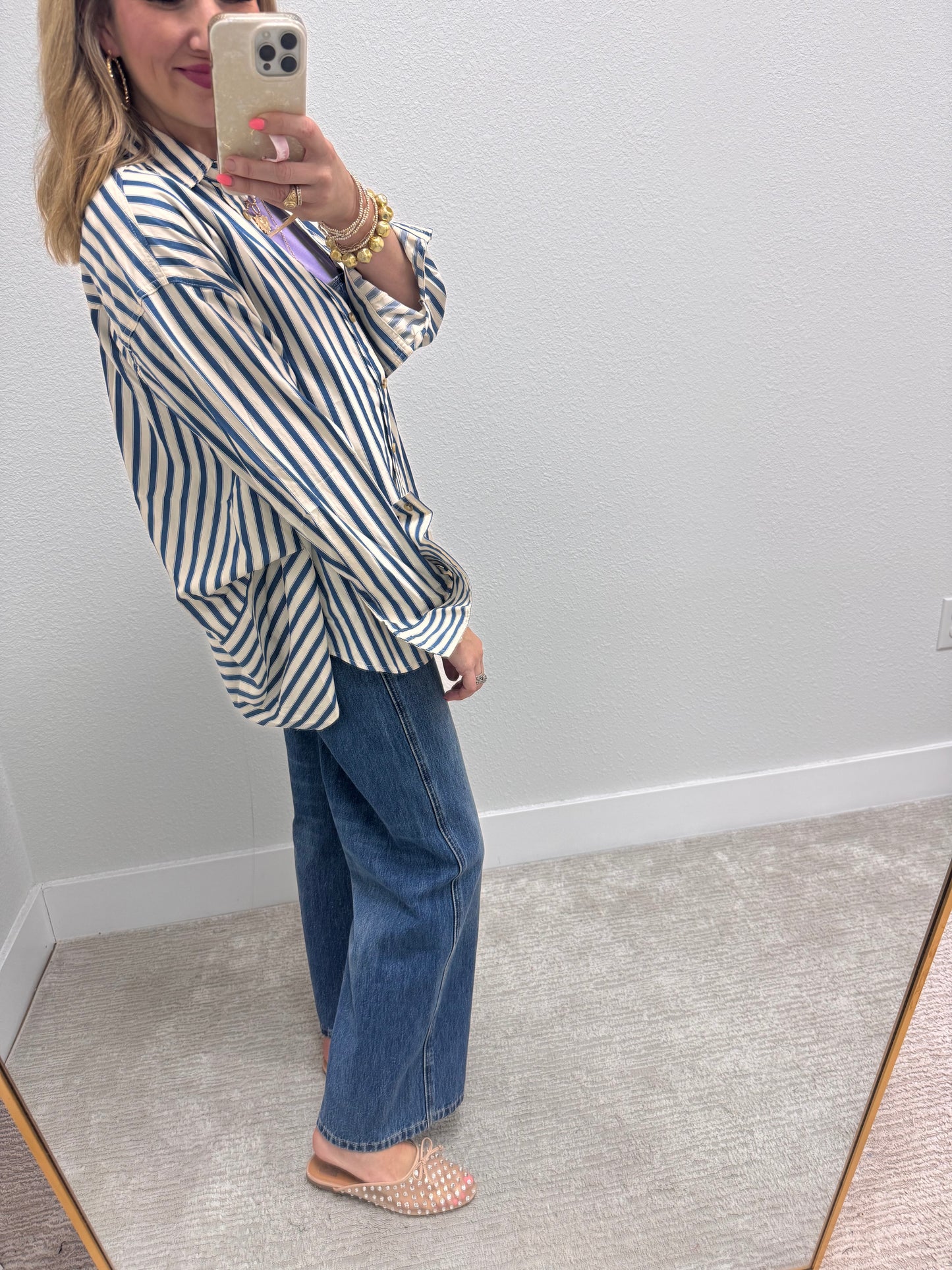 Denim Blue Stripe Button Down Top