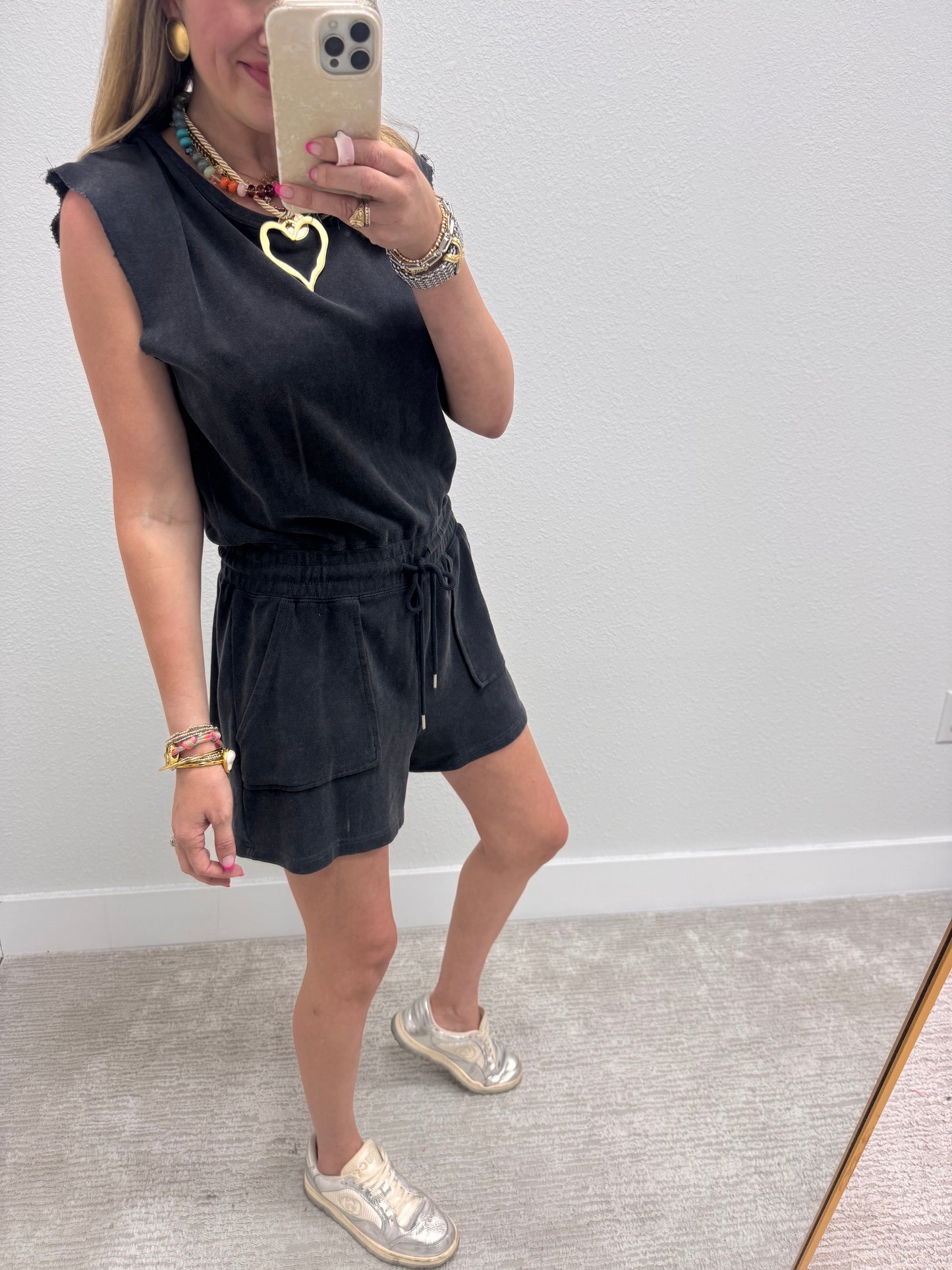Black Washed Drawstring Waist Romper