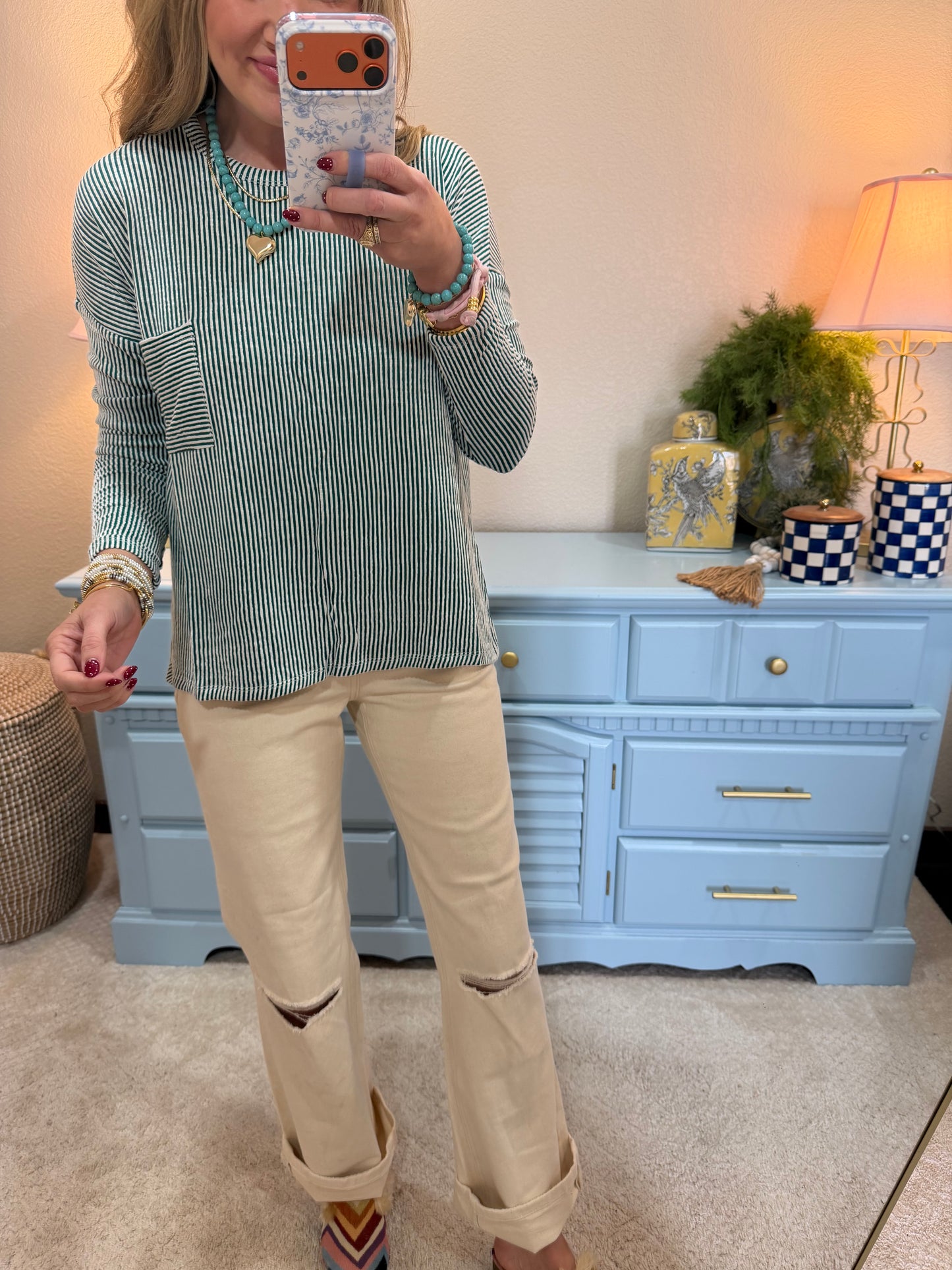 Dark Green Ribbed Long Sleeve Top