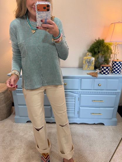 Dark Green Ribbed Long Sleeve Top