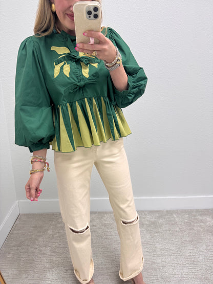Hunter Green and Avocado Front Tie Ruffle Top