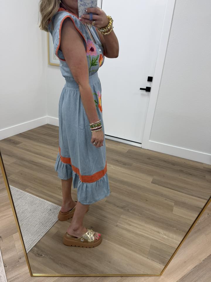 Ruffle Detailed Floral Embroidery Midi Dress