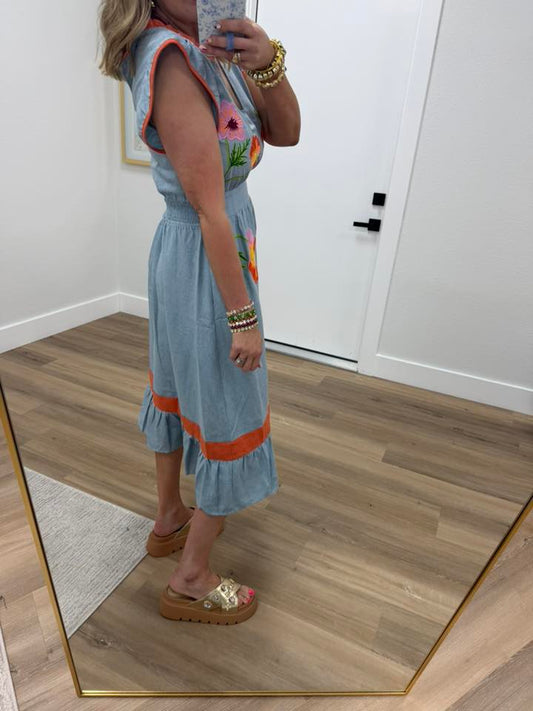 Ruffle Detailed Floral Embroidery Midi Dress