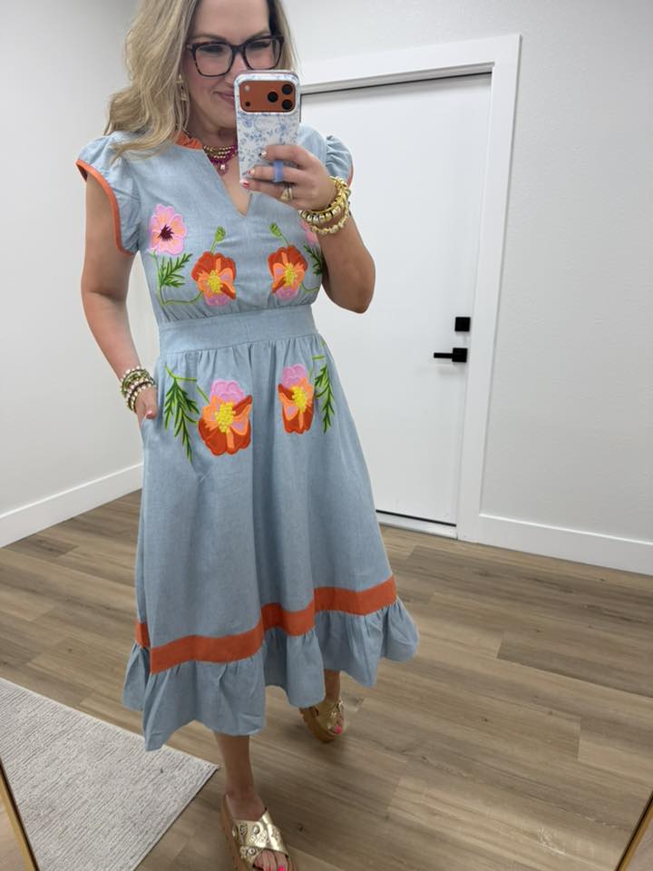 Ruffle Detailed Floral Embroidery Midi Dress