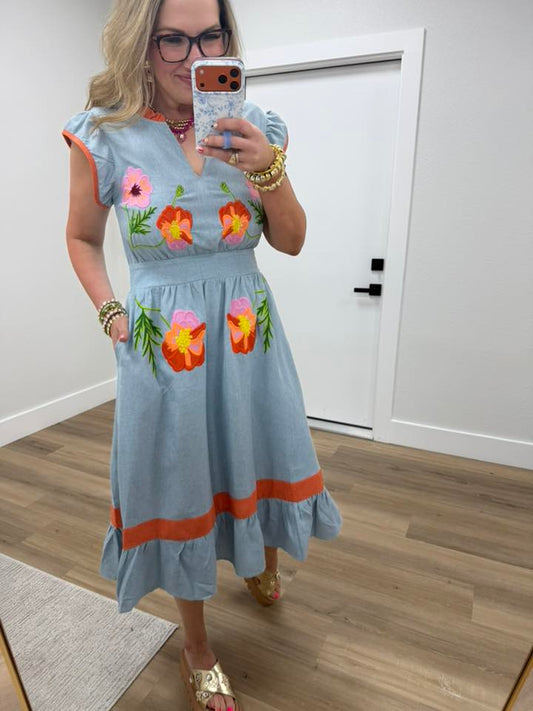 Ruffle Detailed Floral Embroidery Midi Dress
