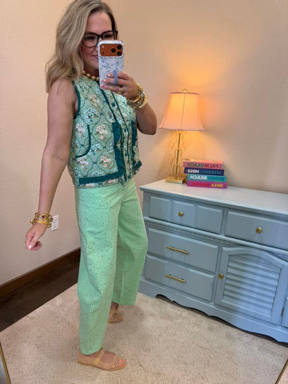Floral Light Sage Print Contrast Ruffle Detail Quilt Vest