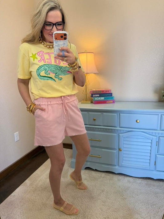 Light Pink Elastic Waist Frayed Hem Shorts