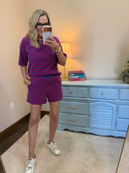 Red & Blue Stripe Pullover Elastic Waist Shorts Set