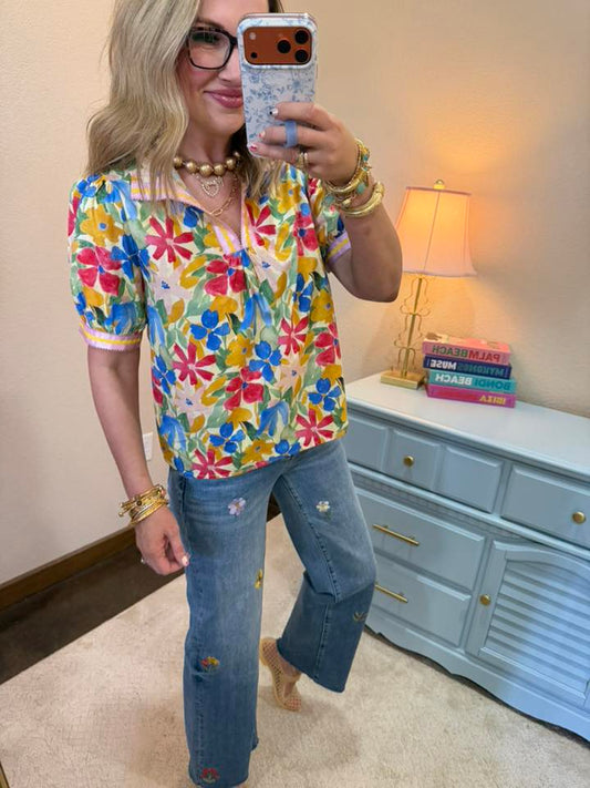 Floral Satin Wavy Trim Detailed Top
