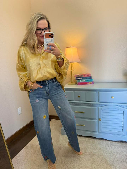 Gold Shiny Effect Fabric Button Front Shirt