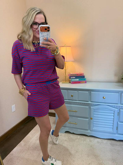 Red & Blue Stripe Pullover Elastic Waist Shorts Set