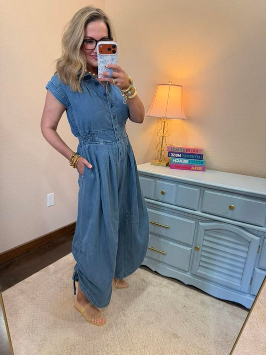 Denim Side Drawstring Hem Detail Washed Jumpsuit