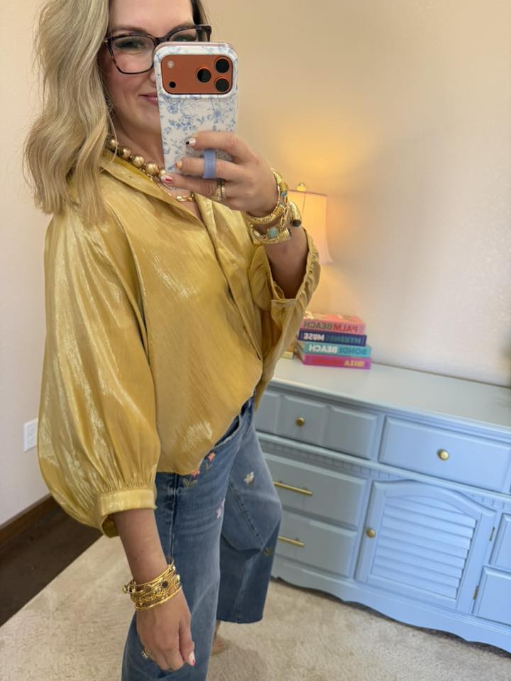 Gold Shiny Effect Fabric Button Front Shirt
