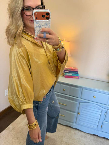 Gold Shiny Effect Fabric Button Front Shirt