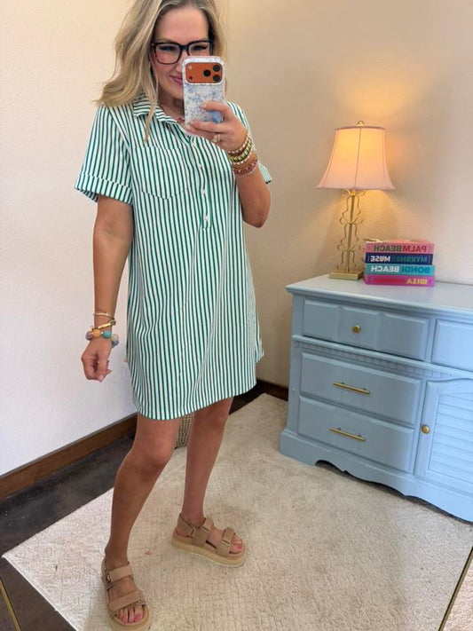 Kelly Green Stripe Collared Half Button Up T shirt Dress