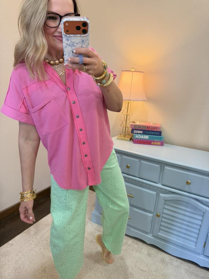 Bubble Pink Waffle Button Short Sleeve