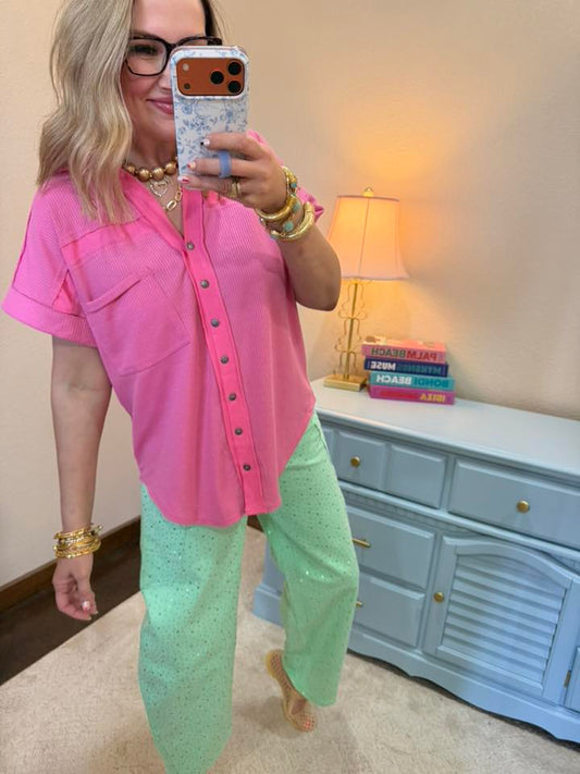 Bubble Pink Waffle Button Short Sleeve
