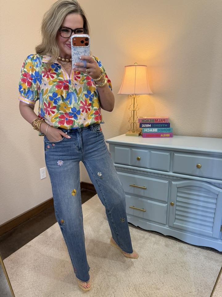 Embroidered Flower Wide Leg Jean