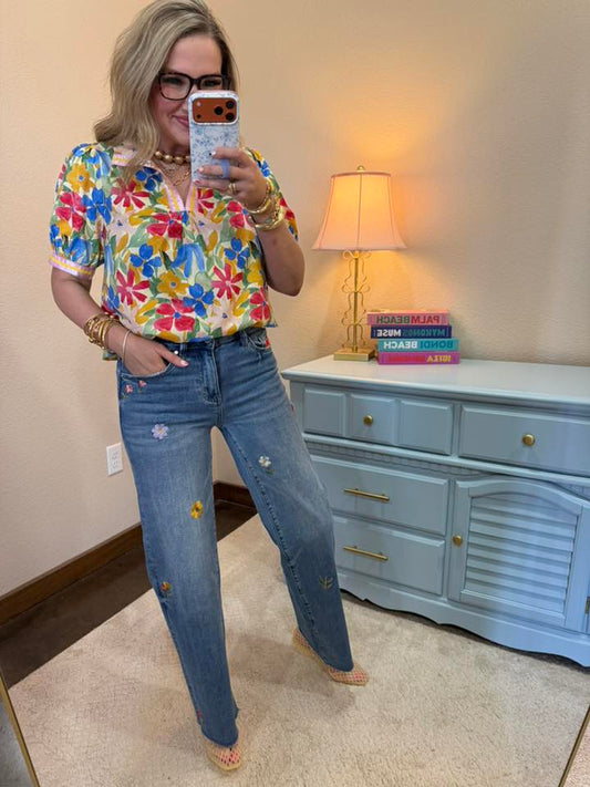 Embroidered Flower Wide Leg Jean