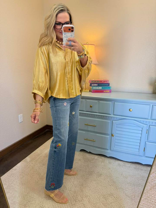 Gold Shiny Effect Fabric Button Front Shirt