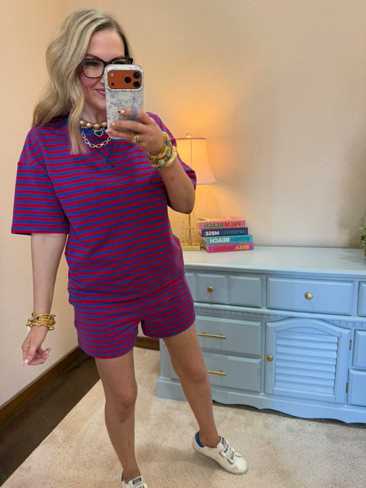 Red & Blue Stripe Pullover Elastic Waist Shorts Set