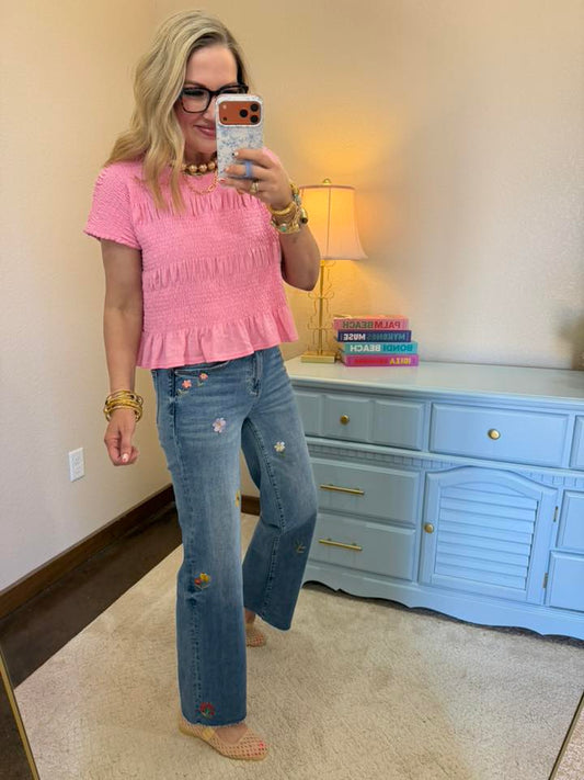 Pink Shirring Detailed Top