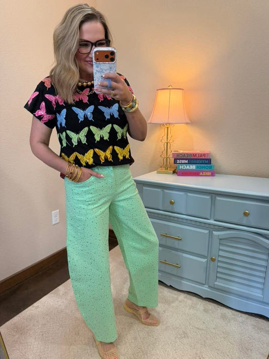 Green Rhinestone Barrel Jeans