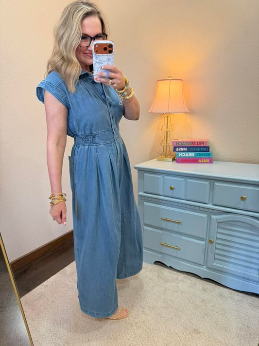 Denim Side Drawstring Hem Detail Washed Jumpsuit