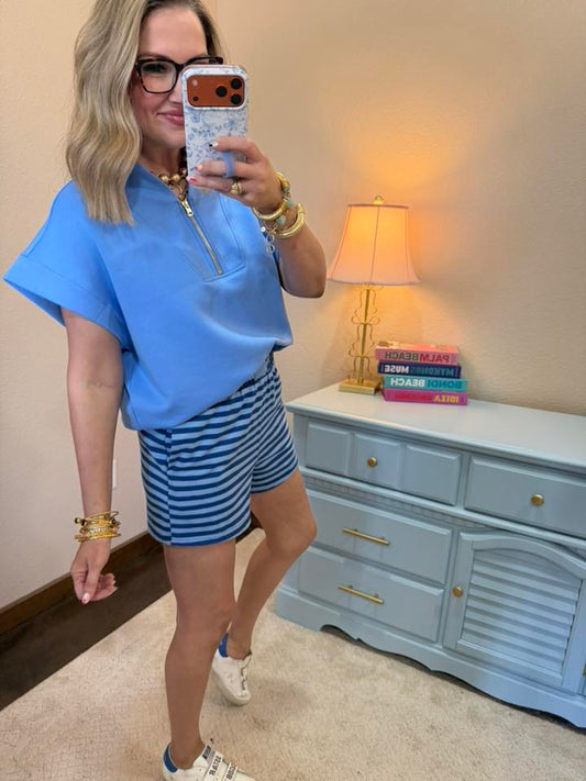 Cornflower Blue Scuba High Neck Half Zip Top
