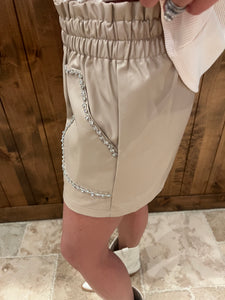 Taupe Faux Leather Crystal Shorts