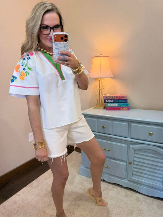 White Floral Embroidered Raglan Top With Color Piping
