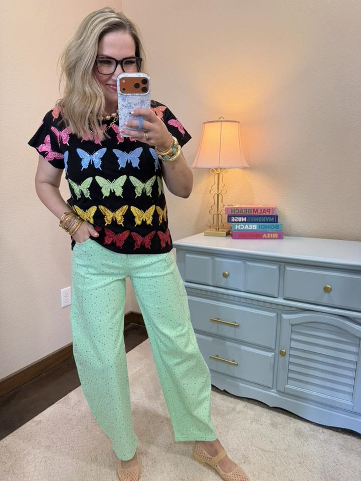 Green Rhinestone Barrel Jeans