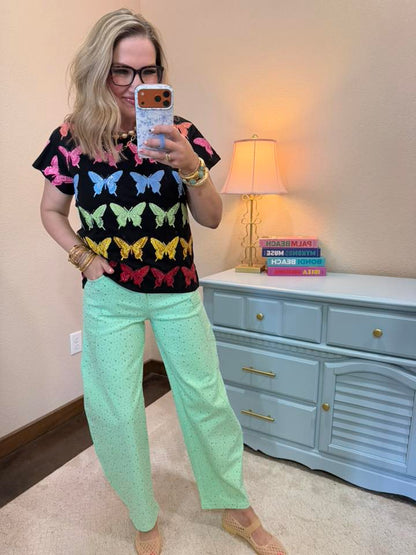 Green Rhinestone Barrel Jeans